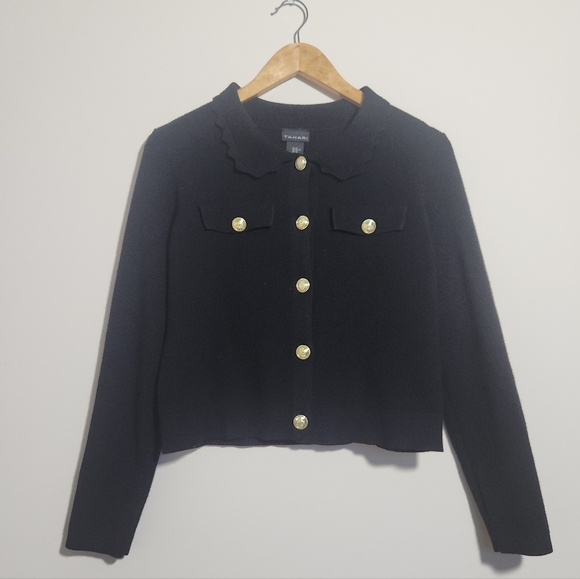 Tahari Sweaters - Tahari Black Cropped Textured Knit Cardigan Scalloped Collar Gold Buttons XS